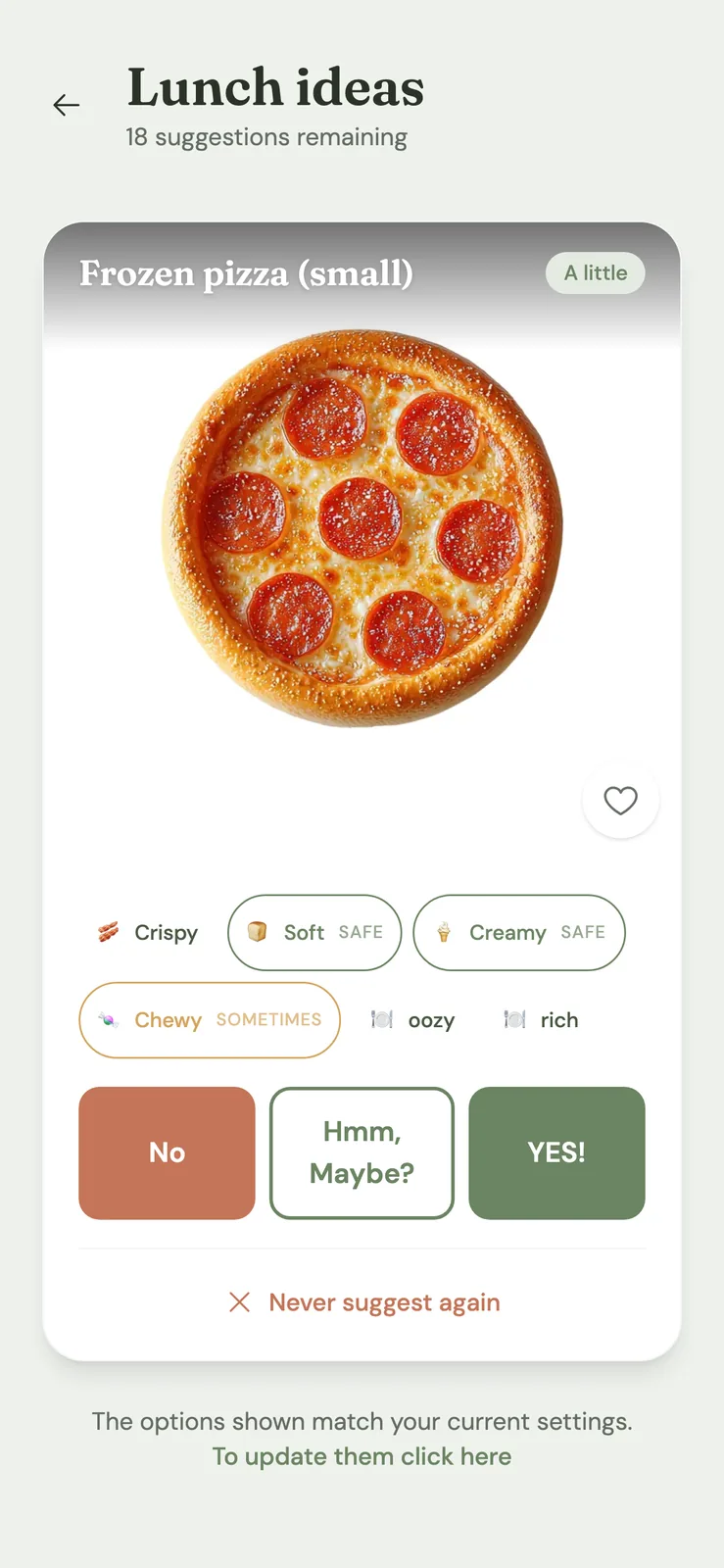Can Eat, Will Eat iOS app home screen, gentle food choices for sensory needs