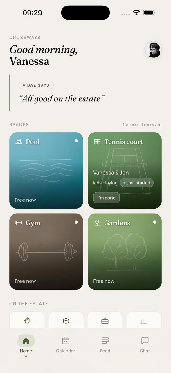 Crossways residents app home screen