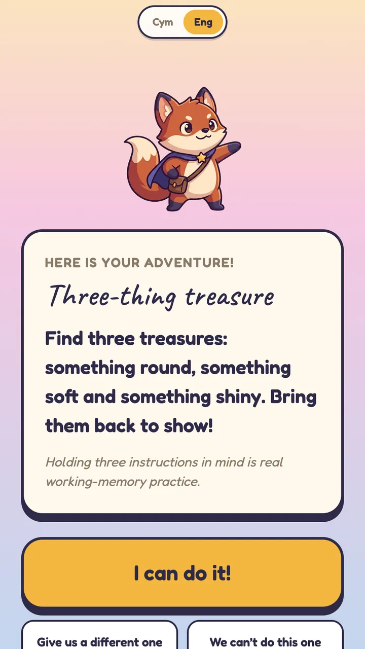 Deor mission card: Three-thing treasure, find something round, something soft and something shiny