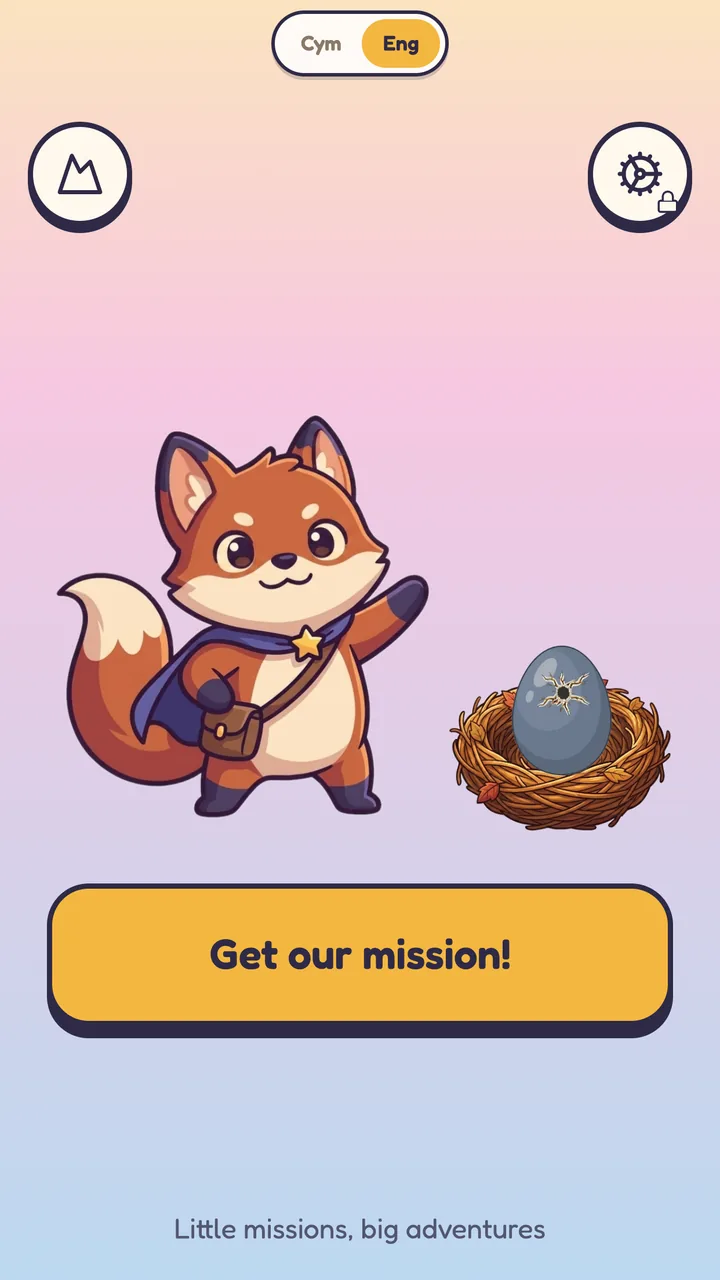 Deor app home screen with Buddy the fox and a nest, and a Get our mission button