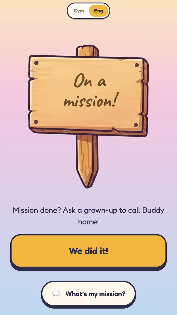 Deor on a mission screen with a wooden signpost and a We did it button