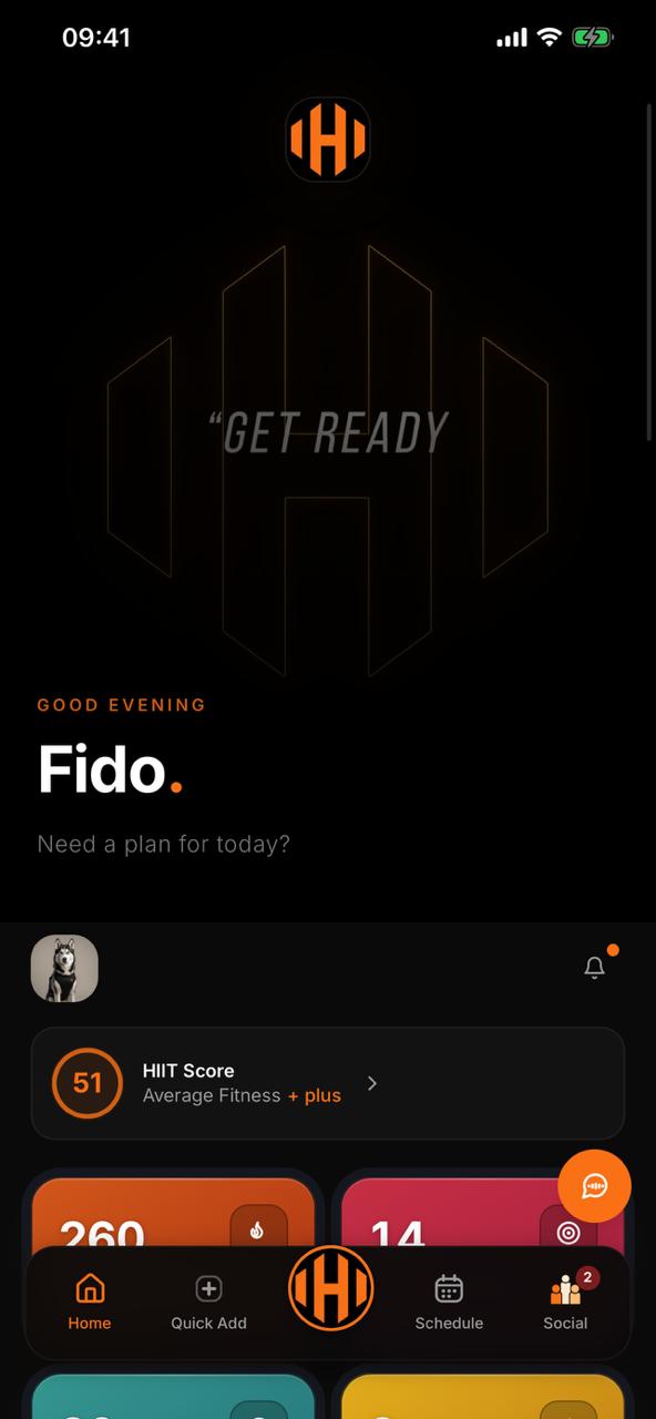 HIIT Fitness app home screen on iPhone