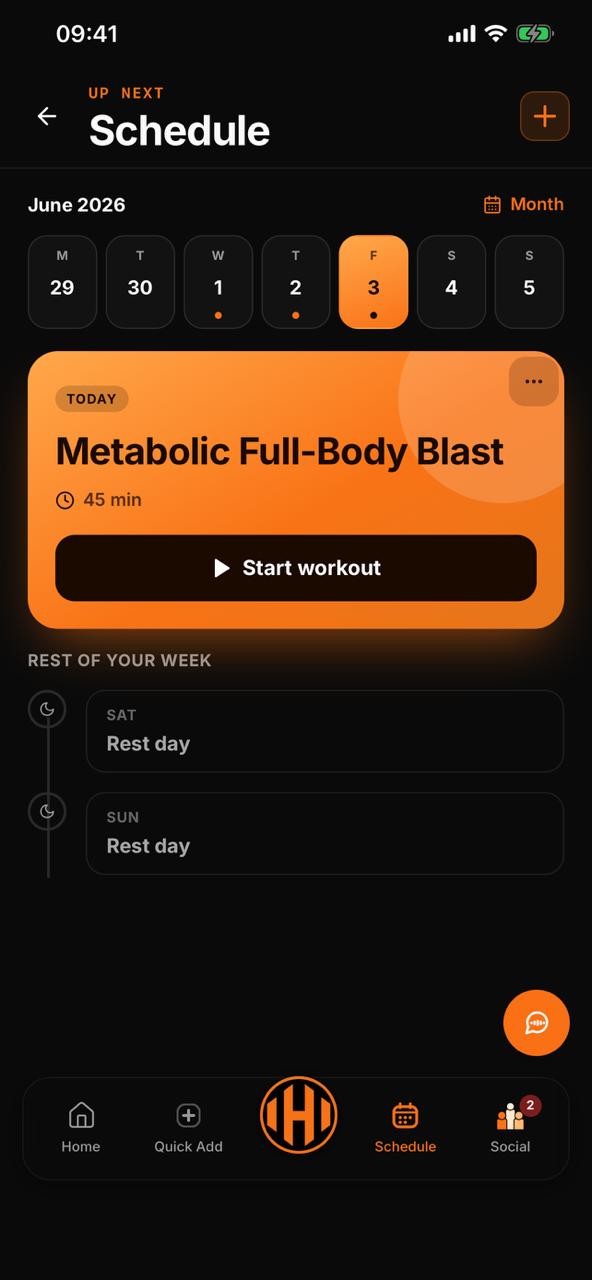 HIIT Fitness schedule screen on iPhone